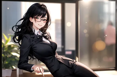 one person, women, 2、glasses、black hair、big breasts、medium hair、business suit、face focus, best, bow, highest quality, detailed f...