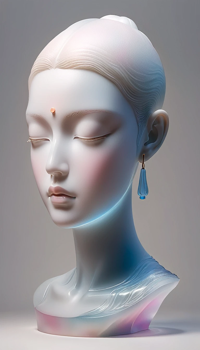 3D portrait sculptures placed on the central stand，simple，Minimalism，Buddha，Buddha statues，（Frosted glass），（（Transparent texture）），Luminescence，Buddha head，Soft and elegant colors，Stained glass transparent