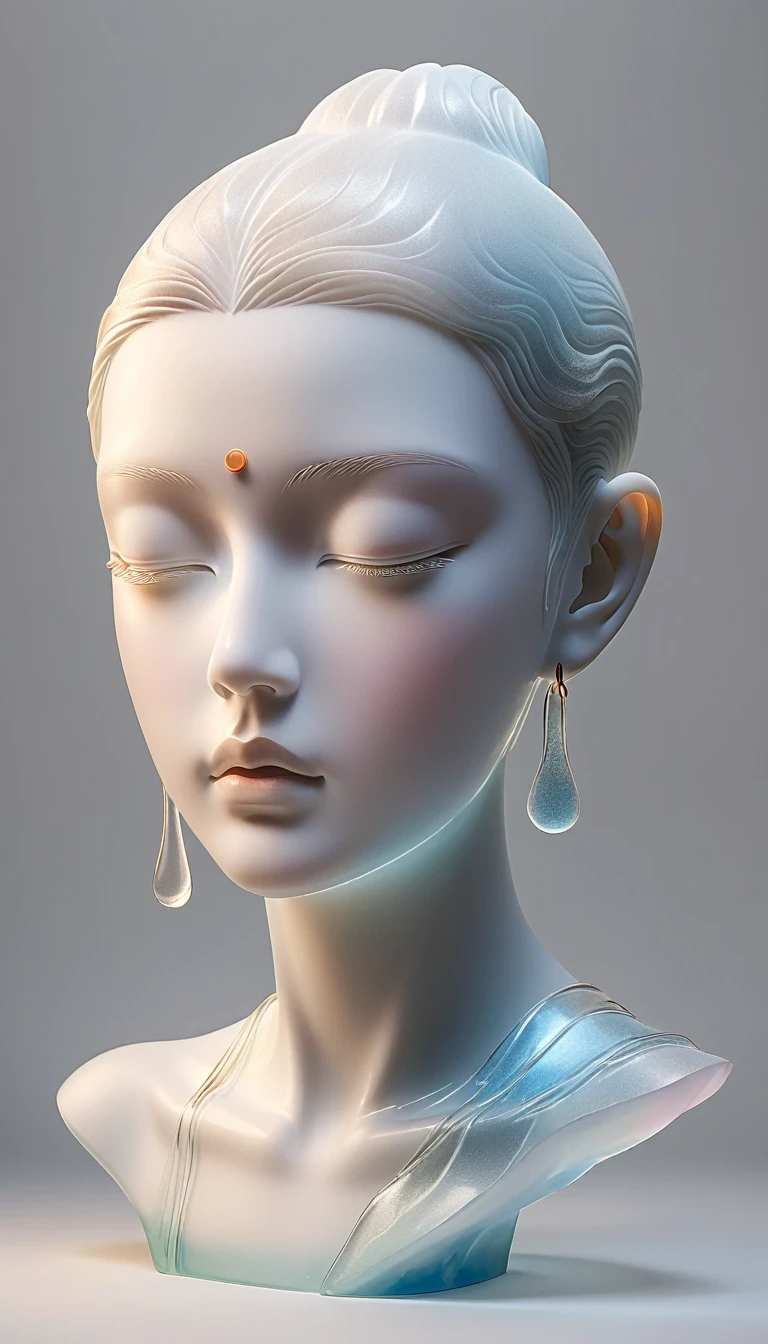 3D portrait sculptures placed on the central stand，simple，Minimalism，Buddha，Buddha statues，（Frosted glass），（（Transparent texture）），Luminescence，Buddha head，Soft and elegant colors，Stained glass transparent