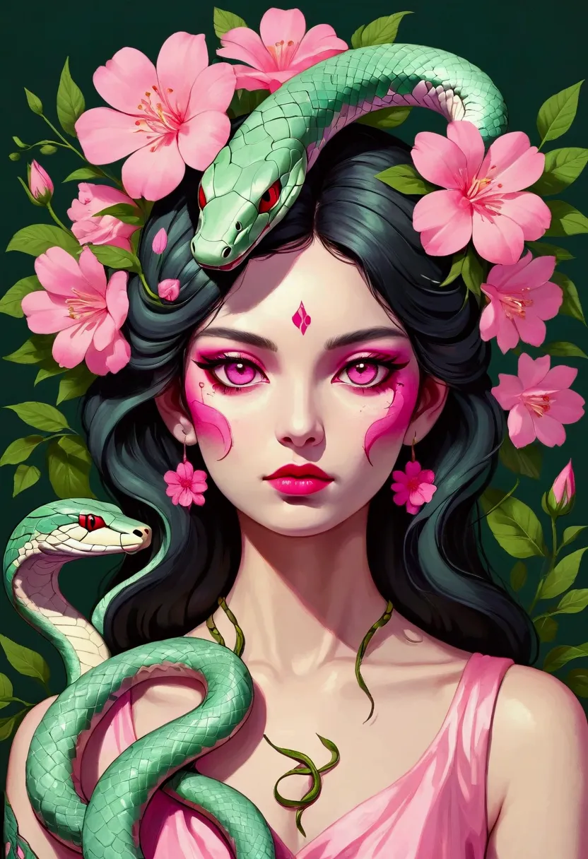 a beautiful girl，a painting with a pink flower on the head,  snake face woman, ms. entropy,