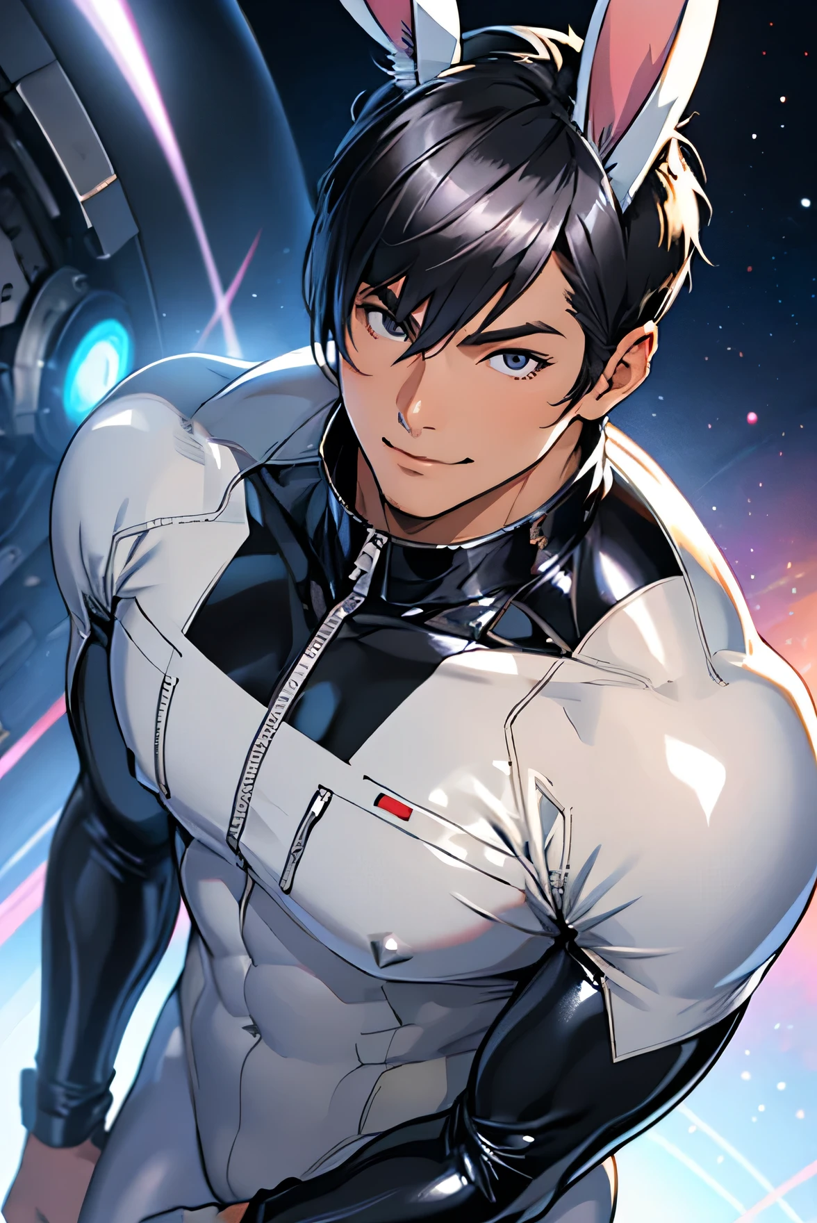 Japanese　　Handsome model　Fierce　　2　male　　smile　　　Black Hair　　Short cut　Short hair　　　looking at the camera　　　　　Shiny full-body silver suit　Mega Bulge　　Shiny silver latex suit　　looking at the camera　future world　 　　planets on the background　　　Upper body close-up　　Bunny ears　Face close-up