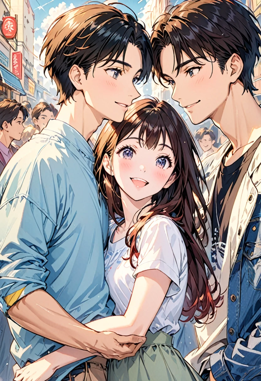 Depiction of a happy couple、Stylish style、Casual Outfits、daily、Used in film packaging、A scene from a movie、1Girl、1boy、Close-up of two people、Skinship