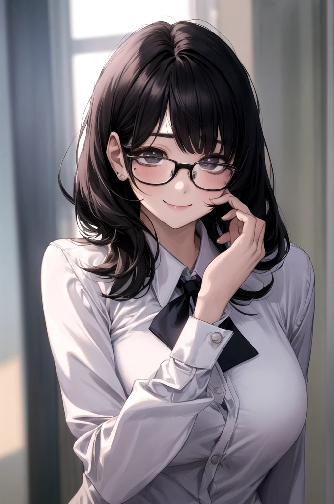 One person, Women, 2、Glasses、Black Hair、Big Breasts、Medium Hair、Straight perm、Bob Hair、business suit、Face Focus, Best, bow, Highest quality, Detailed face, office, Detailed Background, Diffused sunlight, Depth of written boundary, Bokeh、smile、kind、round face、I like sex