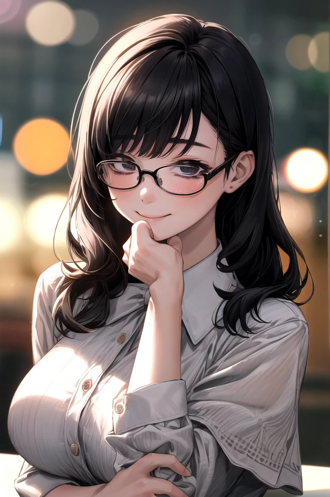 One person, Women, 2、Glasses、Black Hair、Big Breasts、Medium Hair、Straight perm、Bob Hair、business suit、Face Focus, Best, bow, Highest quality, Detailed face, office, Detailed Background, Diffused sunlight, Depth of written boundary, Bokeh、smile、kind、round face、I like sex