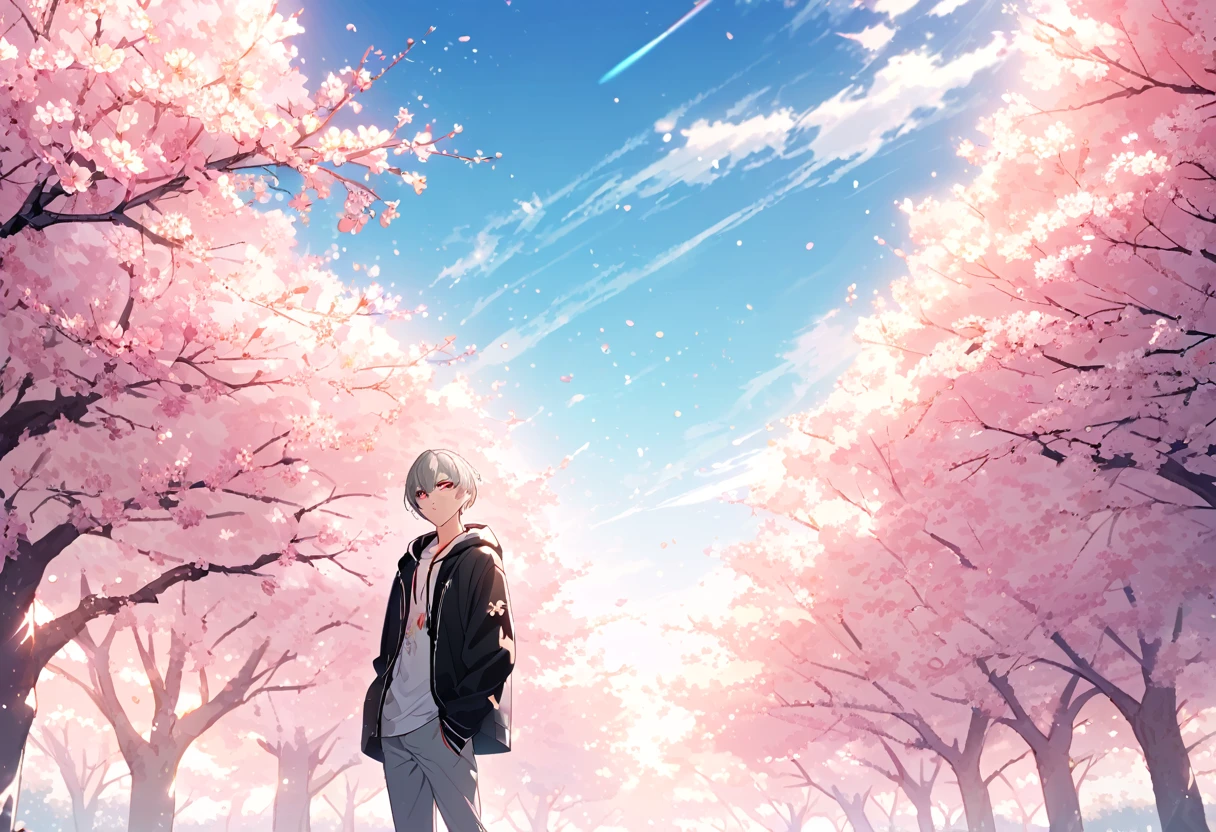 good looking, alone, 1 male, Gray Hair, Red eyes, shirt, Black and white hooded, noon, White Light,cute目,Short hairstyle,cute,Falling from the sky,綺麗なspringの空,a lot of cherry blossom,spring,flower,Glittering scenery,bright,looking at the camera