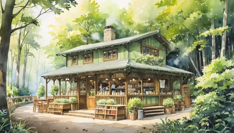 coffee shop, forest, watercolor, ghibli, coffee cup