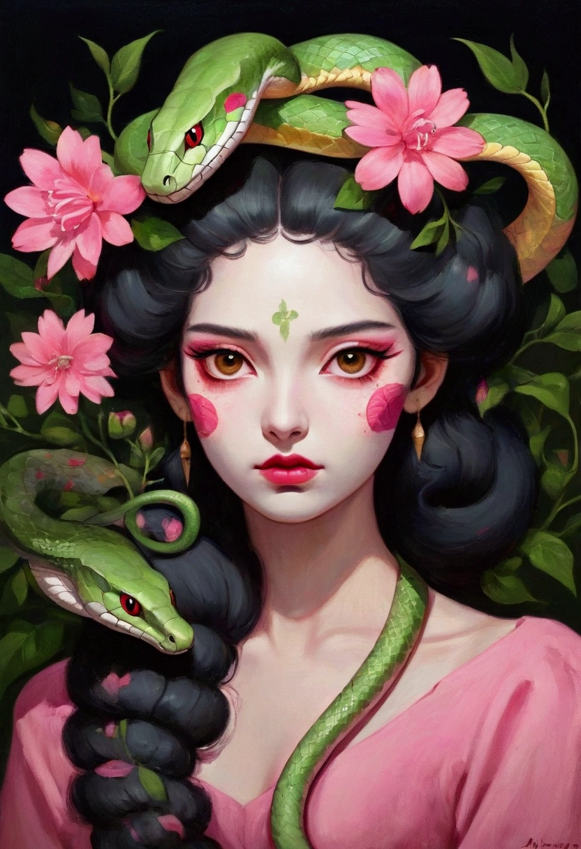 A beautiful girl，A painting with a pink flower on the head,  Snake Face Woman, Ms. Entropy, 