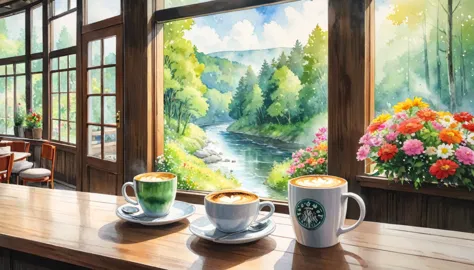 in the coffee shop, outside you can see the forest, the river, the watercolor painting, ghibli, zoom in on the coffee cup, no pe...