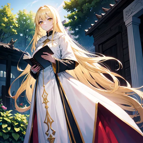 1 tall woman. long blonde hair. wearing white long cape, black body fit clothes, red pants and black high boots. yellow eyes. re...