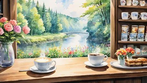 in the coffee shop, outside you can see the forest, the river, the watercolor painting, ghibli, zoom in on the coffee cup, no pe...