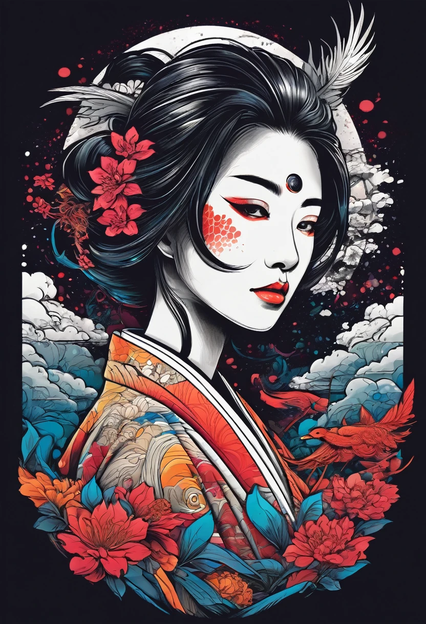 Design a t-shirt with a Japanese fantasy illustration of a naked samurai geisha tattooed on the shoulder. (retrato de meio corpo)  Combine a detailed black and white design with vibrant, colorful fantasy digital elements crows. Get inspired by Dan Mumford&#39;s intricate and dynamic styles, Junko Mizuno, e Frank Frazetta.negative space