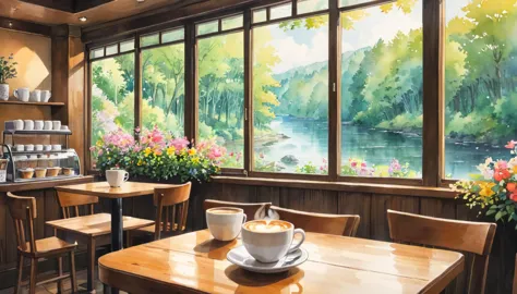 in a coffee shop, outside you can see the forest, the river, the watercolor painting, ghibli, zoom in on the coffee cup, no peop...