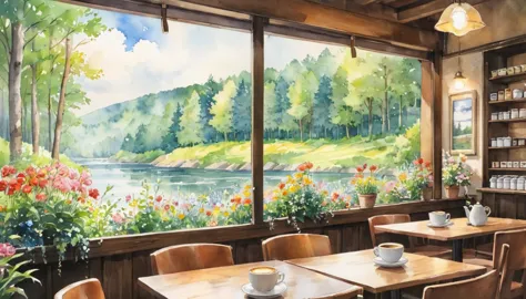 in a coffee shop, outside you can see the forest, the river, the watercolor painting, ghibli, zoom in on the coffee cup, no peop...