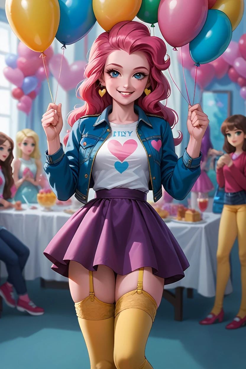 Pinkie Pie from the movie "Mlp equestria girls", seductive look, blue jacket, White blouse with a heart, purple skirt, yellow thigh high stockings, garter belt in each stocking, looking at the viewer, in a party, holding balloons, pink skin. 