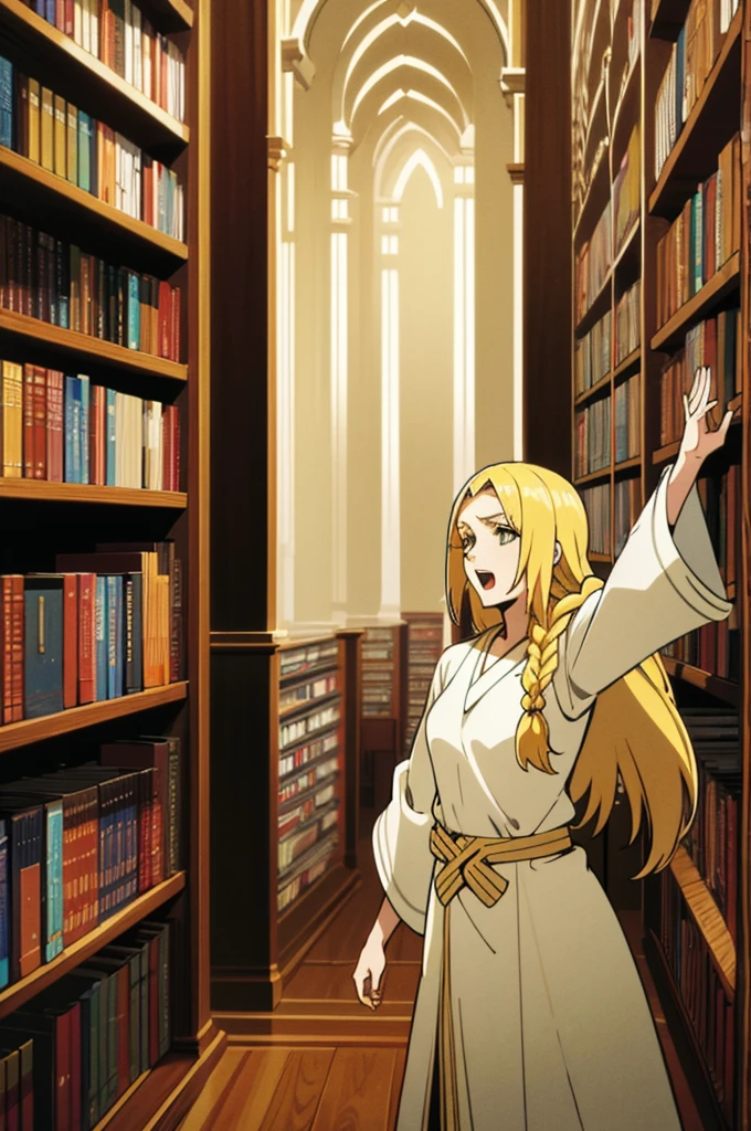 high quality, digital art, Grainne (fate), fate (series), 1girl, mature woman, light yellow hair, small breasts, long hair, open mouth, hair over forehead, braid, studying, robe, library, night, shelves, books,