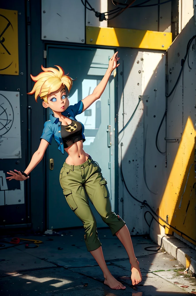 ((masterpiece, best quality)),(complex light),1girl, solo, portrait, jenny test, blonde hair,blue eyes, pants, midriff, open shirt, tank top, long hair, short sleeves shirt, looking at the viewer, barefoot, sandals 