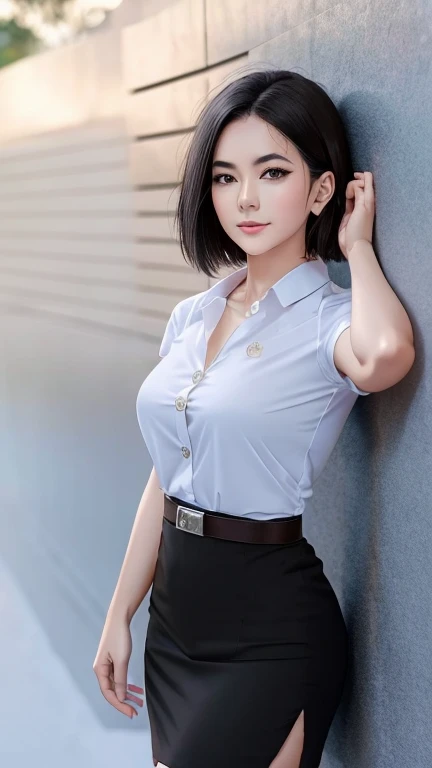 Pretty thai woman short hair  , (8k, best quality, masterpiece, ultra highres:1.2) Photo of Pretty thai woman beautiful, beautiful enchanting fashion contemporary painting with , (1girl), (white shirt short sleeves), ((black pencil skirt)), belt , realistic skin texture , round chin, 85 mm art lens, f 1. 2, sharp focus, 8 k high definition, insanely detailed, intricate, elegant , mid breasts , black skirt 