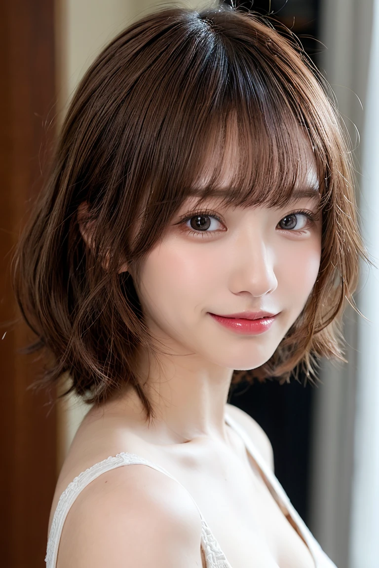 , Highest quality,  Very detailed, finely, High resolution, 8k wallpaper,  finelyて美しい目, ,Natural color lip, ,2、cute 、Light brown hair,finelyて美しい目,Natural Lip,、、Drooping eyebrows、smile、、,Short Hair、Shoulder、clavicle、Tube Top, 