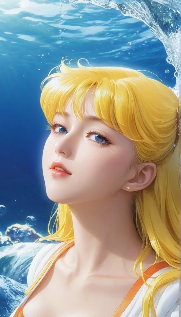 (masterpiece,Highest quality,ultra_detailed,High resolution,absurdists:1.2),, A girl in the water、Eyes closed,sailorVenus,depth_of_Field,(長さ neck looking up:1.2),bubble,(Raise your hand:1.2),   Complementary Color,Bright Eyes,Strong Rim Light,High resolution、Shortness of breath、Dragged to the bottom of the sea、With both hands raised, in pain、Depict the whole body