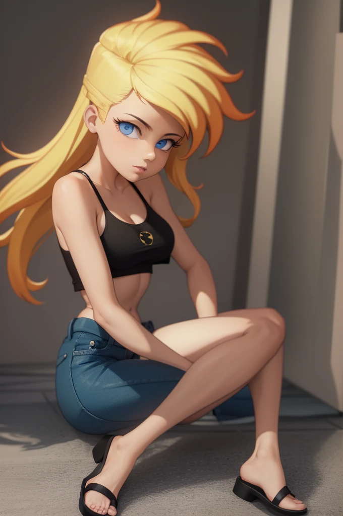 ((masterpiece, best quality)),(complex light),1girl, solo, portrait, jenny test, blonde hair,blue eyes, pants, midriff, open shirt, tank top, long hair, short sleeves shirt, looking at the viewer, sandals 