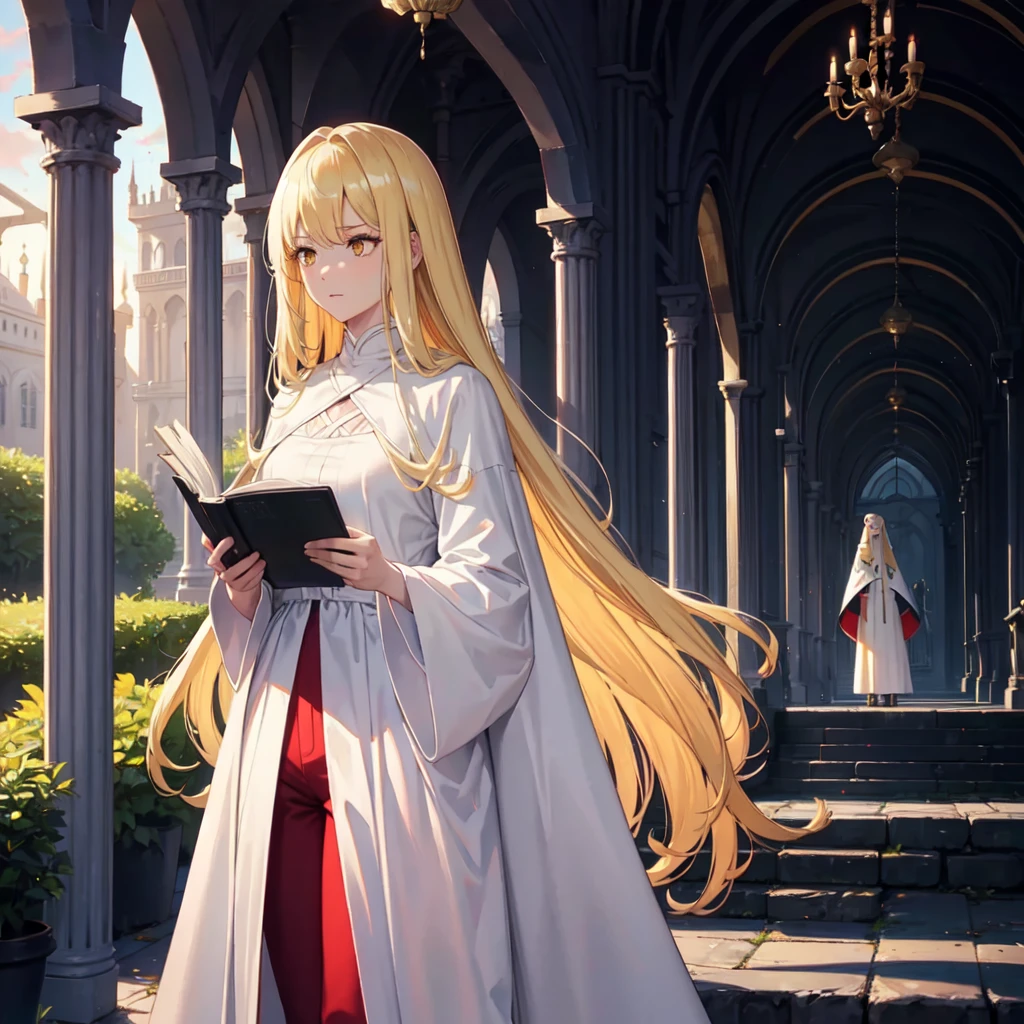 1 tall woman. long blonde hair. wearing white long cape, black body fit clothes, red pants and black high boots. yellow eyes. reading scrolls in an outside garden. high res, ultrasharp, 8k, masterpiece