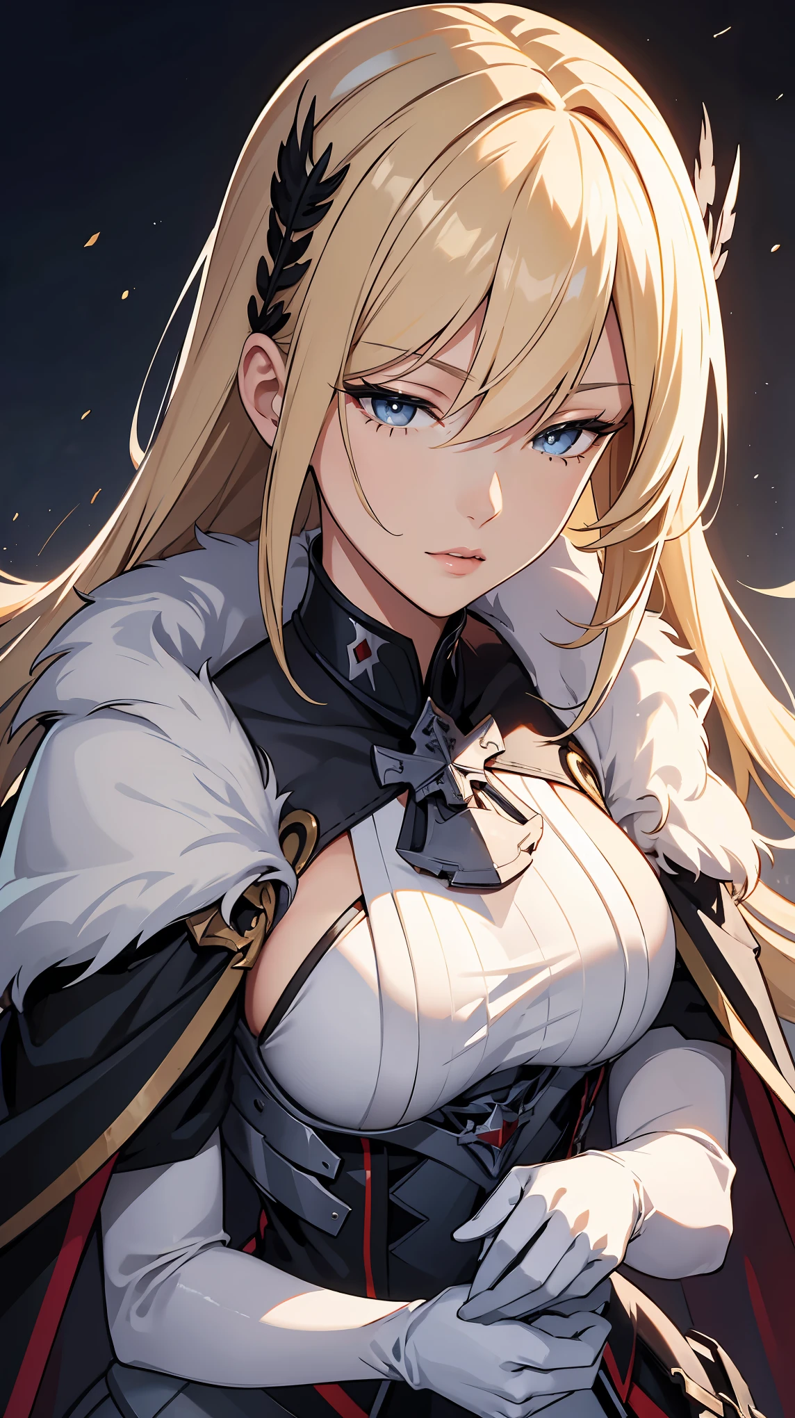 (masterpiece, best quality:1.2),illustration,8K,HD,1 Girl,Solitary,Upper Body,(portrait:1.2),Blonde_hair,long_hair,blue_Eye,Large target_breast,have,Reaching the Peak_cap,hair_between_Eye,cape,army_uniform,fur_prune,Black_Headdress,cleveage,army_have,fur-prunemed_cape,Bangs,skirt,White_Gloves, Bismarck - Azur Lane, Mature woman,Movie, 4K resolution, high quality