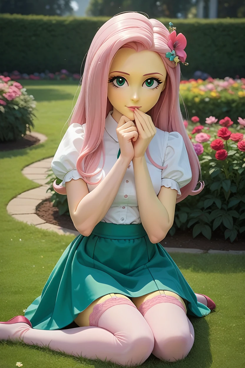 fluttershy from the movie "Mlp equestria girls", seductive look, a white blouse, flower in hair, green skirt, in a garden, sitting on the grass, pink thigh high stockings, garter belt in each stocking, looking at the viewer, yellow skin, smelling a flower.  