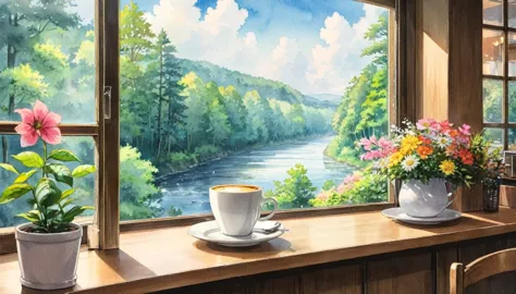 in a coffee shop, outside you can see the forest, the river, the ghibli watercolors, zoom in on a cup of coffee, no people, ther...