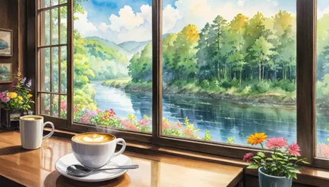 in a coffee shop, outside you can see the forest, the river, the ghibli watercolors, zoom in on a cup of coffee, no people, ther...