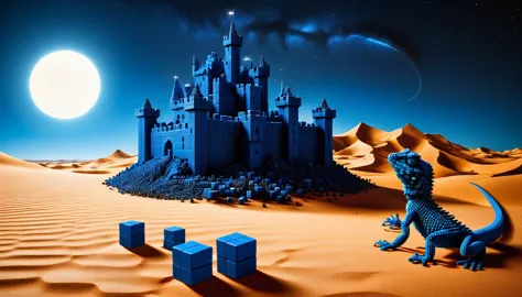 a desert made of small ral-3d cubes,the old blue castle stands,midnight in the desert,several small ral-3d cubes fall from above...