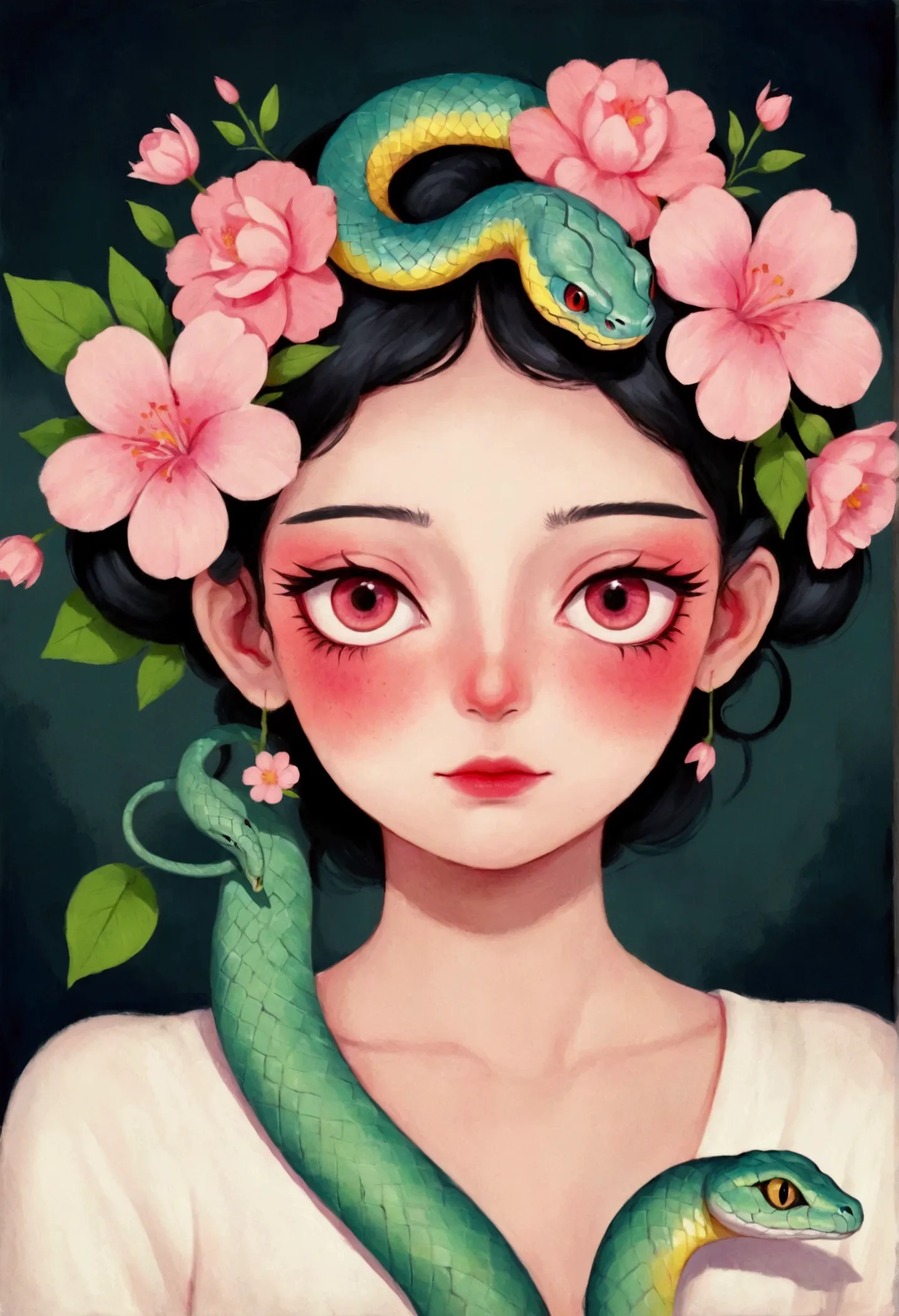 cartoon，cute，a beautiful girl，a painting with a pink flower on the head,  snake face woman, ms. entropy,