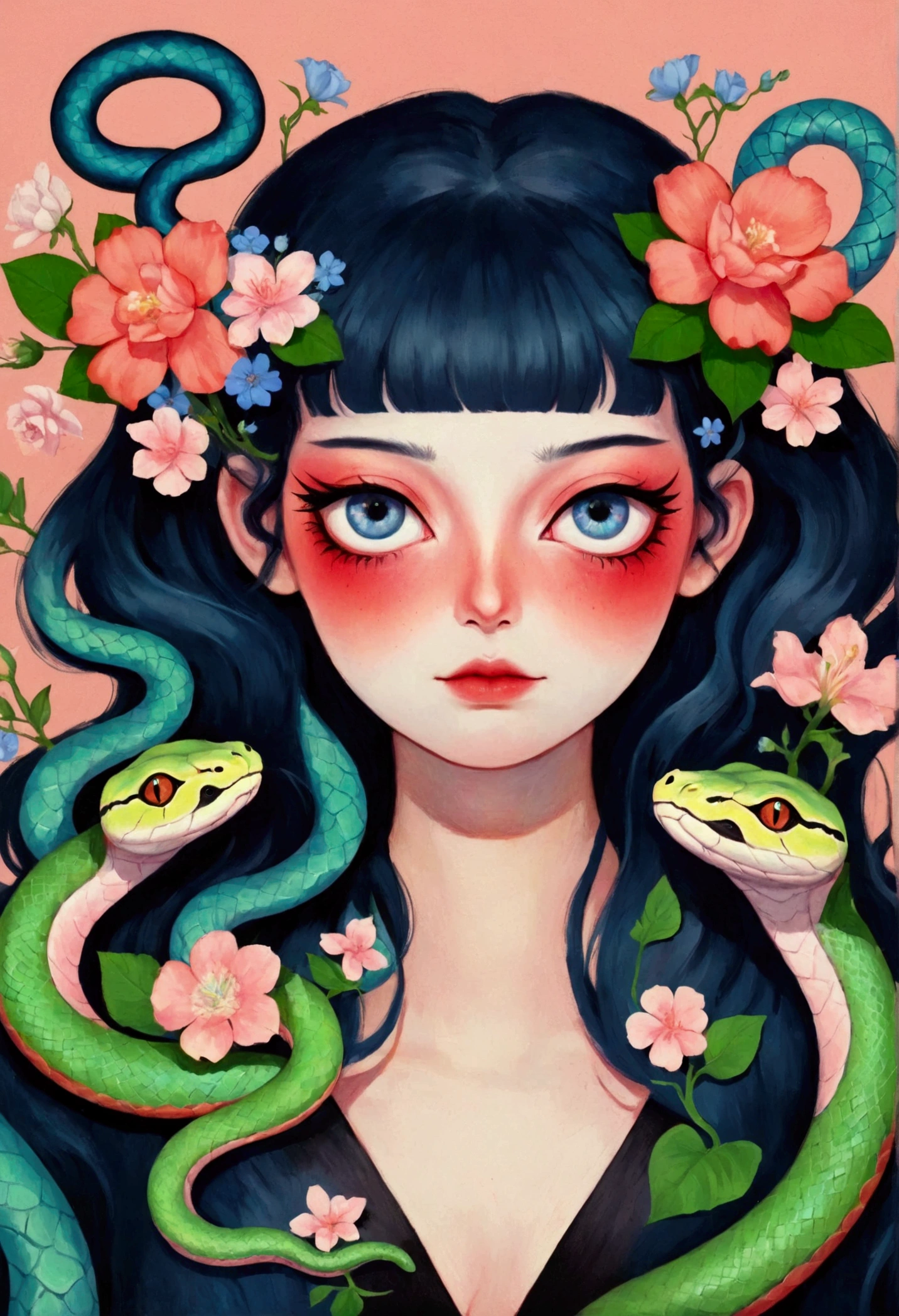 The painting depicts a woman，Hair decorated with snakes and flowers, Detailed painting inspired by Martine Johanna, cg Social Hotspot, Pop surrealism, her many snakes as hair, Snake Face Woman, Juster Battle, Snake Woman, Snake Queen, japanese Pop surrealism, Loish |, Snake Woman hybrid, Hybrid snake, Android Jones&#39;s Works