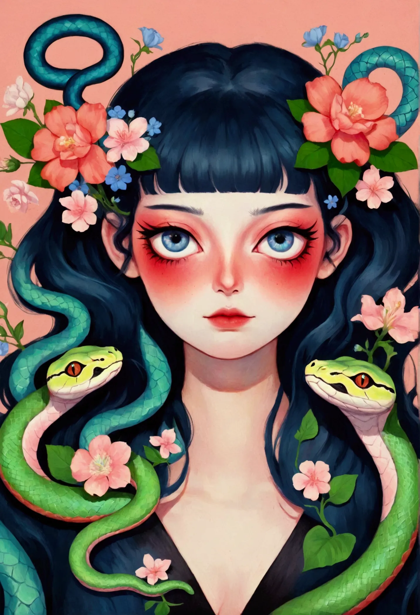 the painting depicts a woman，hair decorated with snakes and flowers, detailed painting inspired by martine johanna, cg social ho...