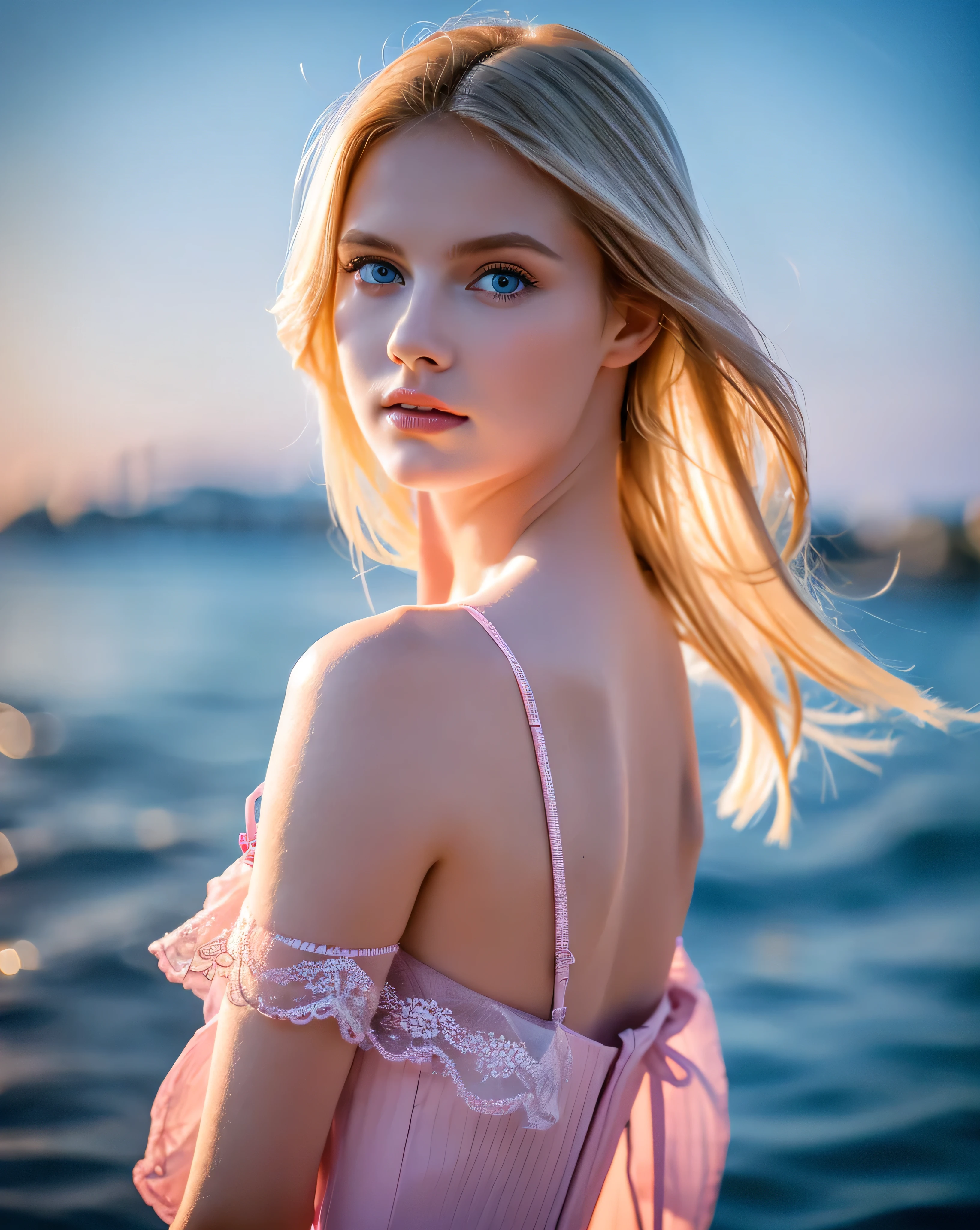 beautiful european girl with blue eyes and blonde hair, wearing a long pink dress, on a yacht in the sea, ultra high resolution, (photorealistic: 1.4), high resolution , (finely detailed skin), (blue eyes), (perfectly proportions) (photos realistic) (masterpiece) (photorealistic), ultrarealistic (Best Quality) (Detailed) photographed in a Canon EOS R5, 50mm Lens, F/2.8, (8K) (Wallpaper) (Cinematic lighting) (Dramatic Lighting) (Convoluted) Fashion, perfect face, erotic look, full body view