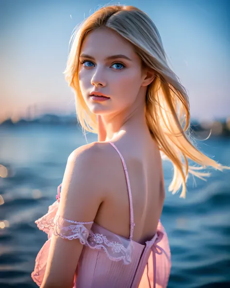 beautiful european girl with blue eyes and blonde hair, wearing a long pink dress, on a yacht in the sea, ultra high resolution,...