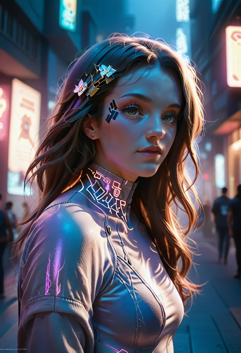 Wearing intricate cyberpunk streetwear, Beautiful, girl, detailed portrait, 4 thousand., bright colors, conceptual art, cinematic dramatic atmosphere, Sharp Focus, Volumetric lighting, cinematic lighting, studio quality