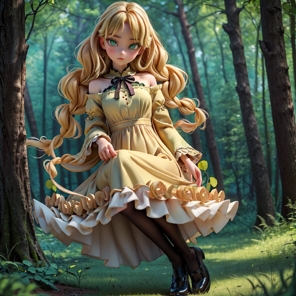 whole body、dress、pantyhose、Black footwear、Blonde、Loose braids、Beautiful Face、Green Eyes、Forest Background、(masterpiece:1.2)、Highest quality、Confused、Highly detailed wallpaper、Perfect lighting、(黒とのdress、length)sleeve:1.1)