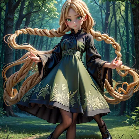 whole body、dress、pantyhose、black footwear、blonde、loose braids、beautiful face、green eyes、forest background、(masterpiece:1.2)、high...