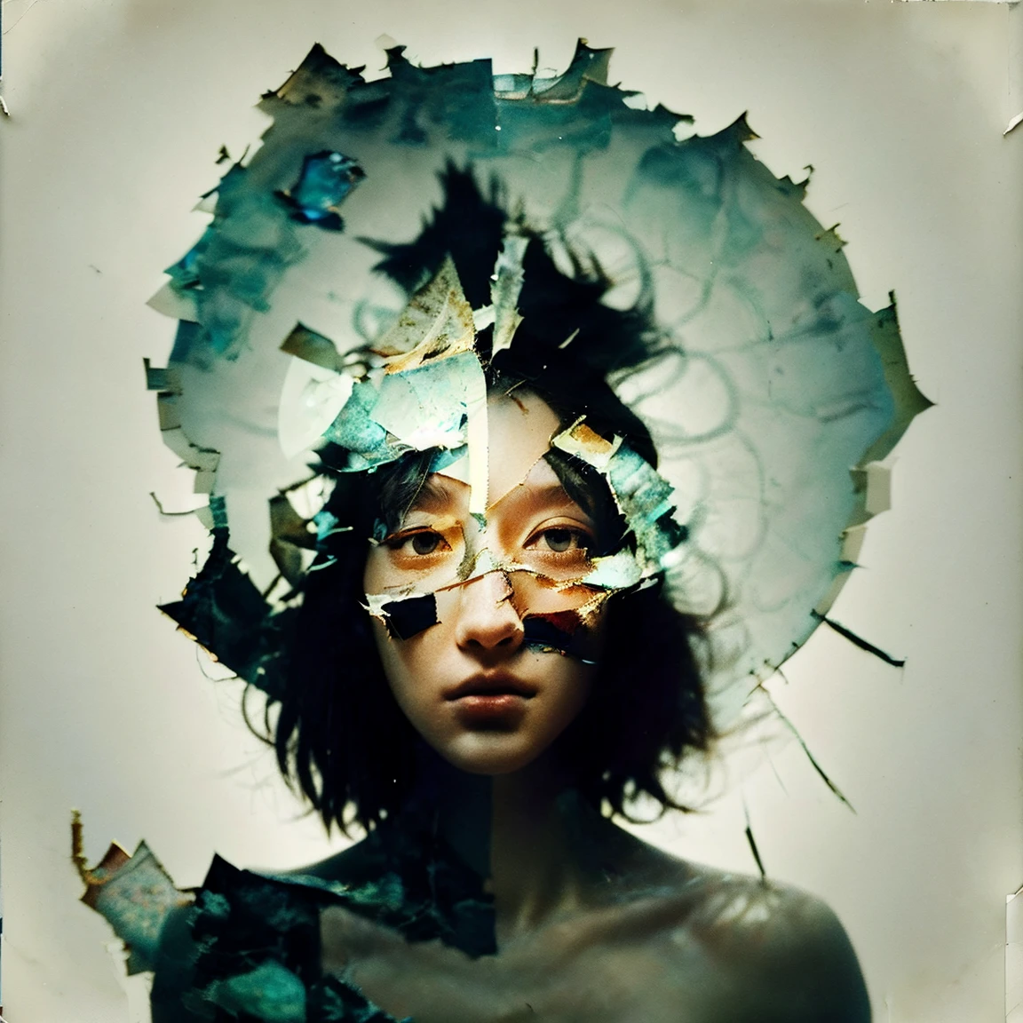 （Destroyed wall）、Beautiful Japanese Women、(Best quality, 8k, 32K, Masterpiece, uhd:1.5),(delicate, detailed),(shady, disturbing),(cinematic lighting),A piece of paper with a hole in it on the table, torn paper, torn paper edges, Burnt paper, Cracked and faded photo paper, spectacular quality torn paper, Damage to paper, torn paper smouldering smoke, torn paper intricate texture, Torn Edge, Damaged photos, Paper Texture. 1968, Alberto Burri, torn paper collage