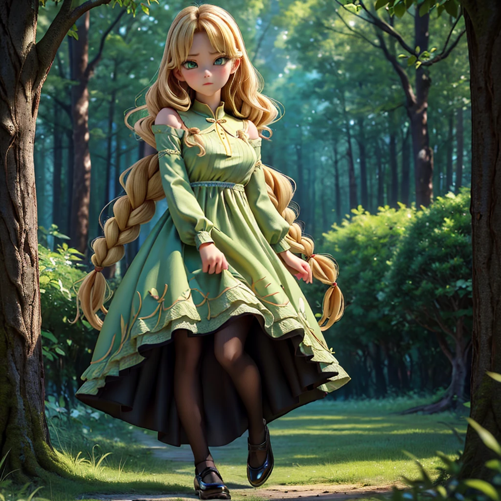 whole body、dress、pantyhose、Black footwear、Blonde、Loose braids、Beautiful Face、Green Eyes、Forest Background、(masterpiece:1.2)、Highest quality、Confused、Highly detailed wallpaper、Perfect lighting、(黒とのdress、length)sleeve:1.1)