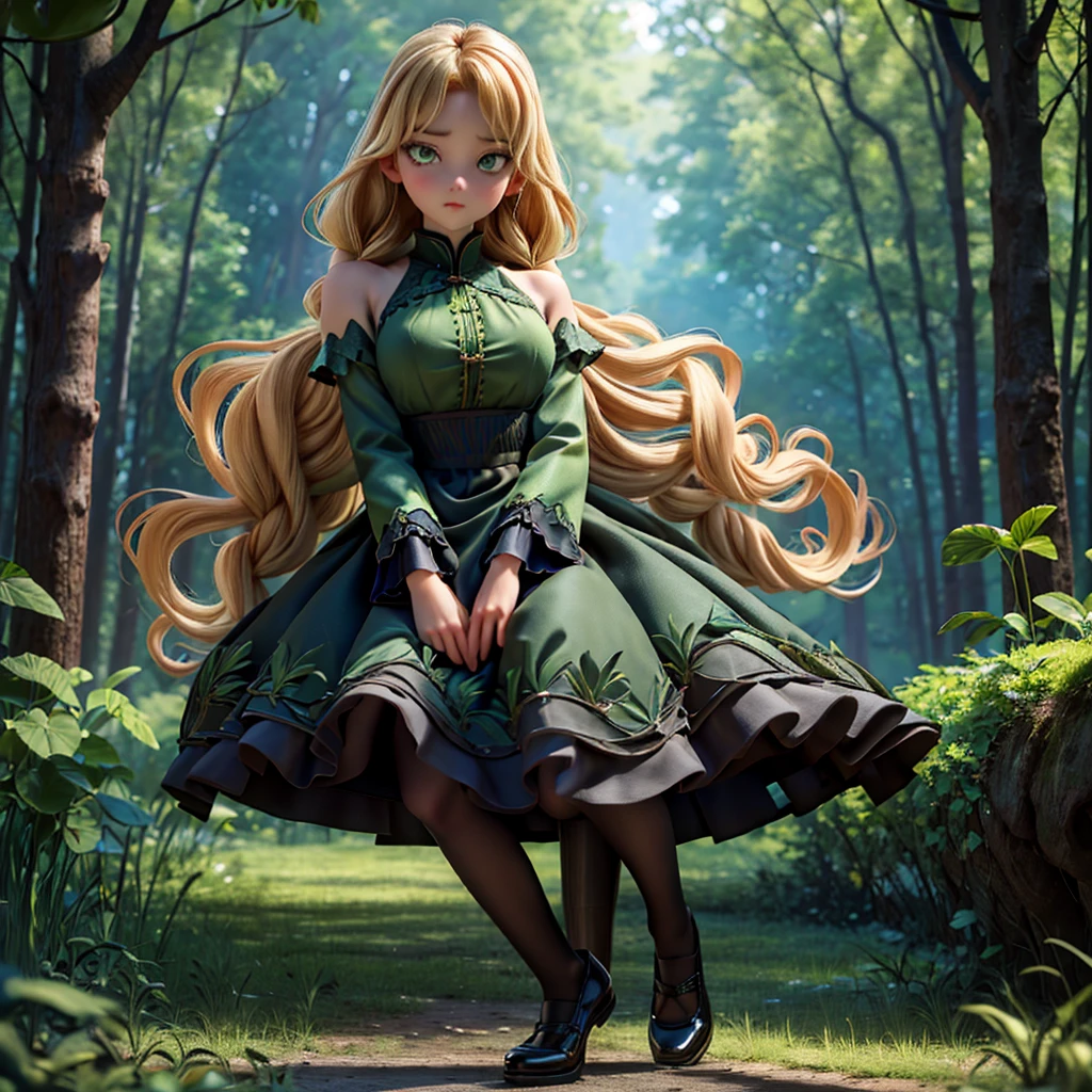 whole body、dress、pantyhose、Black footwear、Blonde、Loose braids、Beautiful Face、Green Eyes、Forest Background、(masterpiece:1.2)、Highest quality、Confused、Highly detailed wallpaper、Perfect lighting、(黒とのdress、length)sleeve:1.1)