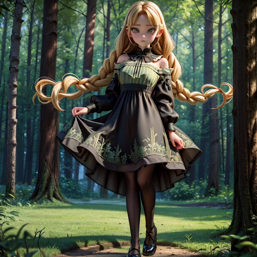 whole body、dress、pantyhose、Black footwear、Blonde、Loose braids、Beautiful Face、Green Eyes、Forest Background、(masterpiece:1.2)、Highest quality、Confused、Highly detailed wallpaper、Perfect lighting、(黒とのdress、length)sleeve:1.1)