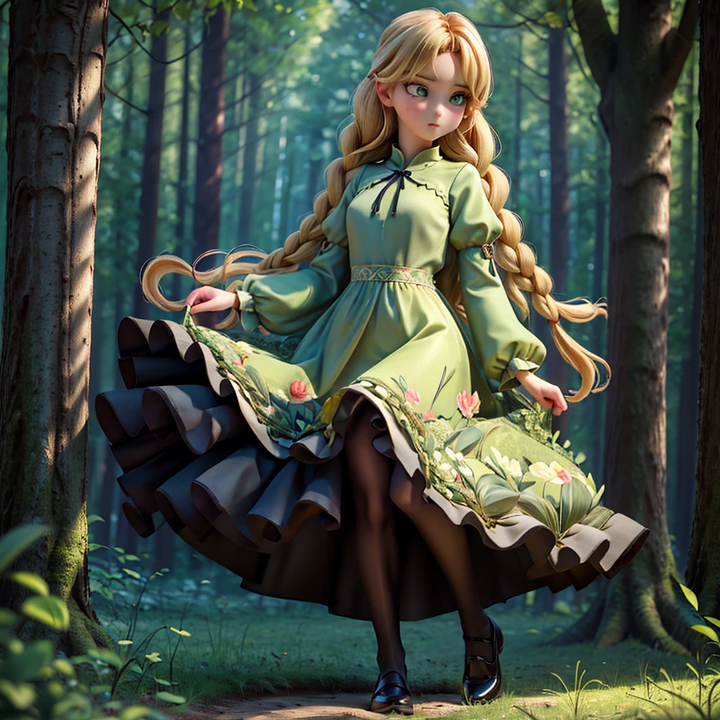 whole body、dress、pantyhose、Black footwear、Blonde、Loose braids、Beautiful Face、Green Eyes、Forest Background、(masterpiece:1.2)、Highest quality、Confused、Highly detailed wallpaper、Perfect lighting、(黒とのdress、length)sleeve:1.1)