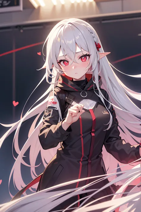 grey hair, long hair, straight hair, heart-shaped pupils, dilated pupils, blush, red eyes, heart in eye, anime style, anime, uhd...