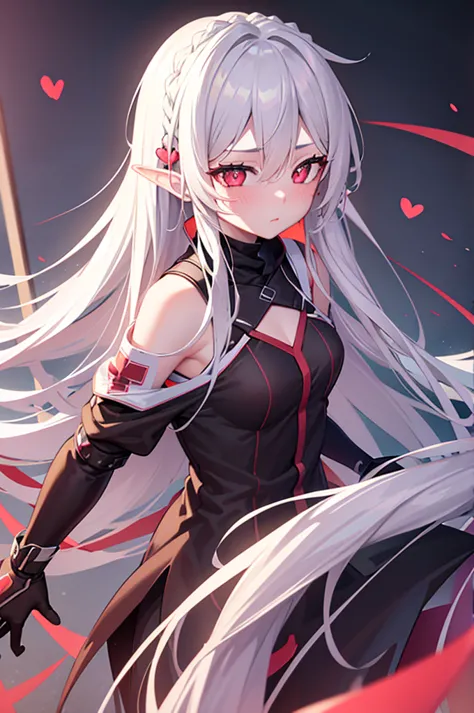 grey hair, long hair, straight hair, heart-shaped pupils, dilated pupils, blush, red eyes, heart in eye, anime style, anime, uhd...