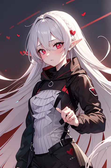 grey hair, long hair, straight hair, heart-shaped pupils, dilated pupils, blush, red eyes, heart in eye, anime style, anime, uhd...