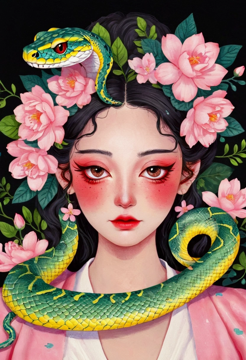 Cartoon，cute，A beautiful girl，A painting with a pink flower on the head,  entangled python，Snake Face Woman, Ms. Entropy, 