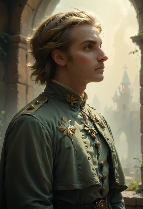 niels visser as prince with golden-blond hair., wears a green medieval moss military uniform, i look ahead with a piercing emera...