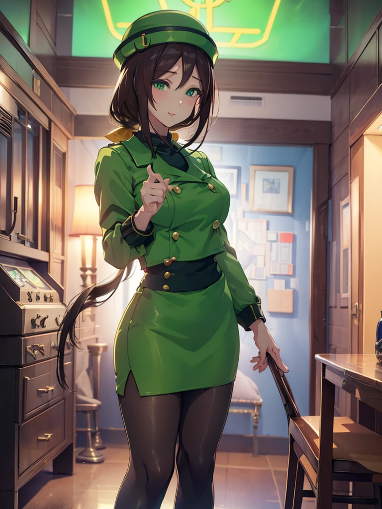 (​masterpiece、top-quality、hight resolution、Unity 8k、extremely details CG:1,Best Picture), hayakawa tazuna, low ponytail, green headwear, green jacket, green skirt, pantyhose, "A porn star standing outside, pointing towards a motel with a playful yet suggestive expression. She is dressed in casual yet revealing attire, emphasizing her confident and flirtatious demeanor. The background features the motel's neon sign, and the scene is set during the evening, with the star's posture and gesture inviting the viewer's attention towards the motel."