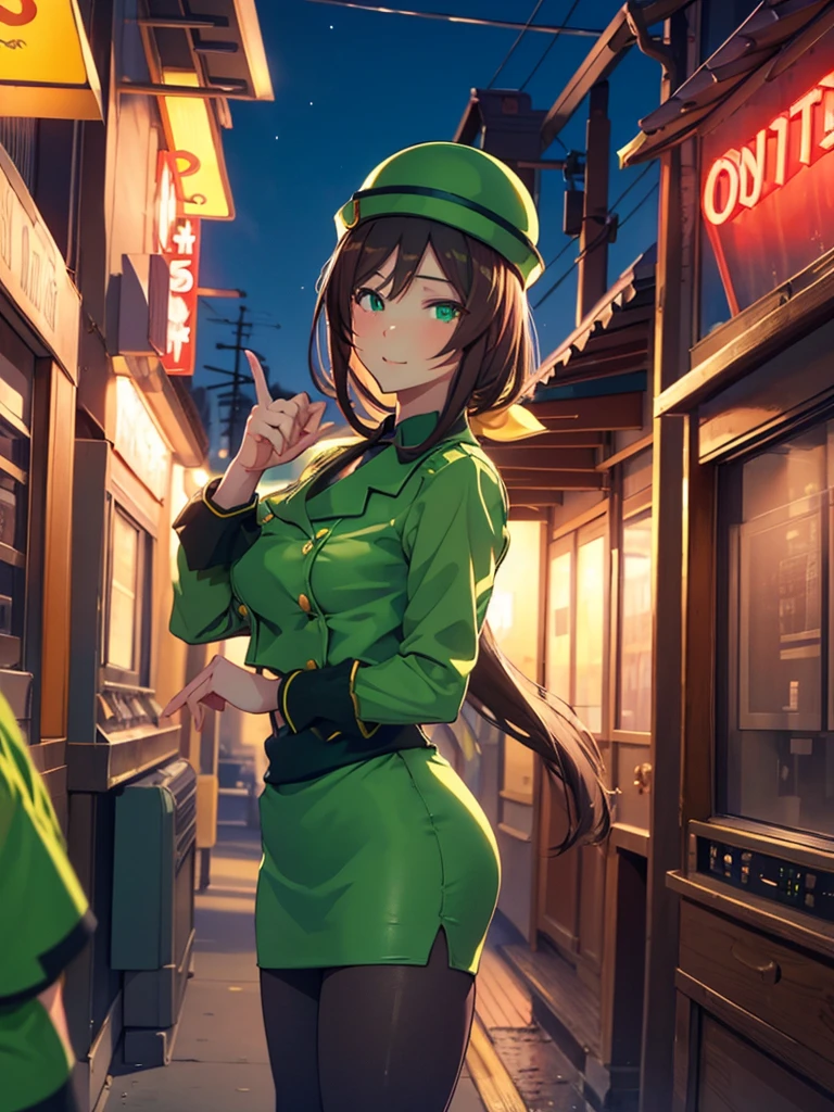 (​masterpiece、top-quality、hight resolution、Unity 8k、extremely details CG:1,Best Picture), hayakawa tazuna, low ponytail, green headwear, green jacket, green skirt, pantyhose, "A porn star standing outside, pointing towards a motel with a playful yet suggestive expression. She is dressed in casual yet revealing attire, emphasizing her confident and flirtatious demeanor. The background features the motel's neon sign, and the scene is set during the evening, with the star's posture and gesture inviting the viewer's attention towards the motel."